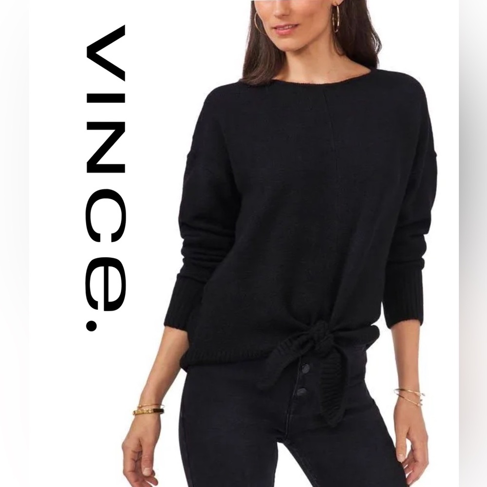 Vince Tie Waist Front Sweater Black, Cotton Sweater,  Extra Small